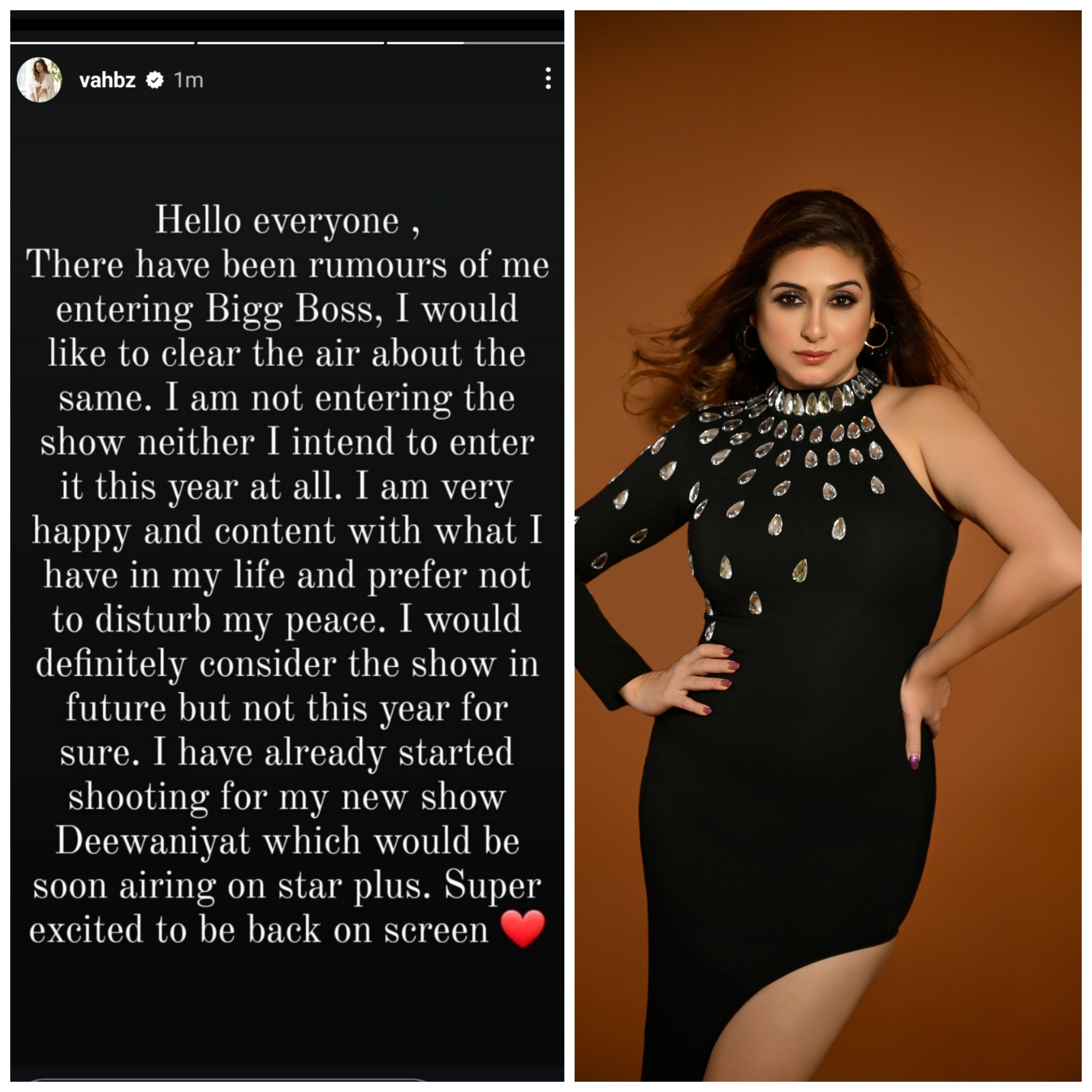 Actress Vahbiz Dorabjee denies the rumours of doing Bigg Boss 18 talks about her new show Deewaniyat ; says “I am not entering Bigg Boss neither I intend to enter it this year at all”